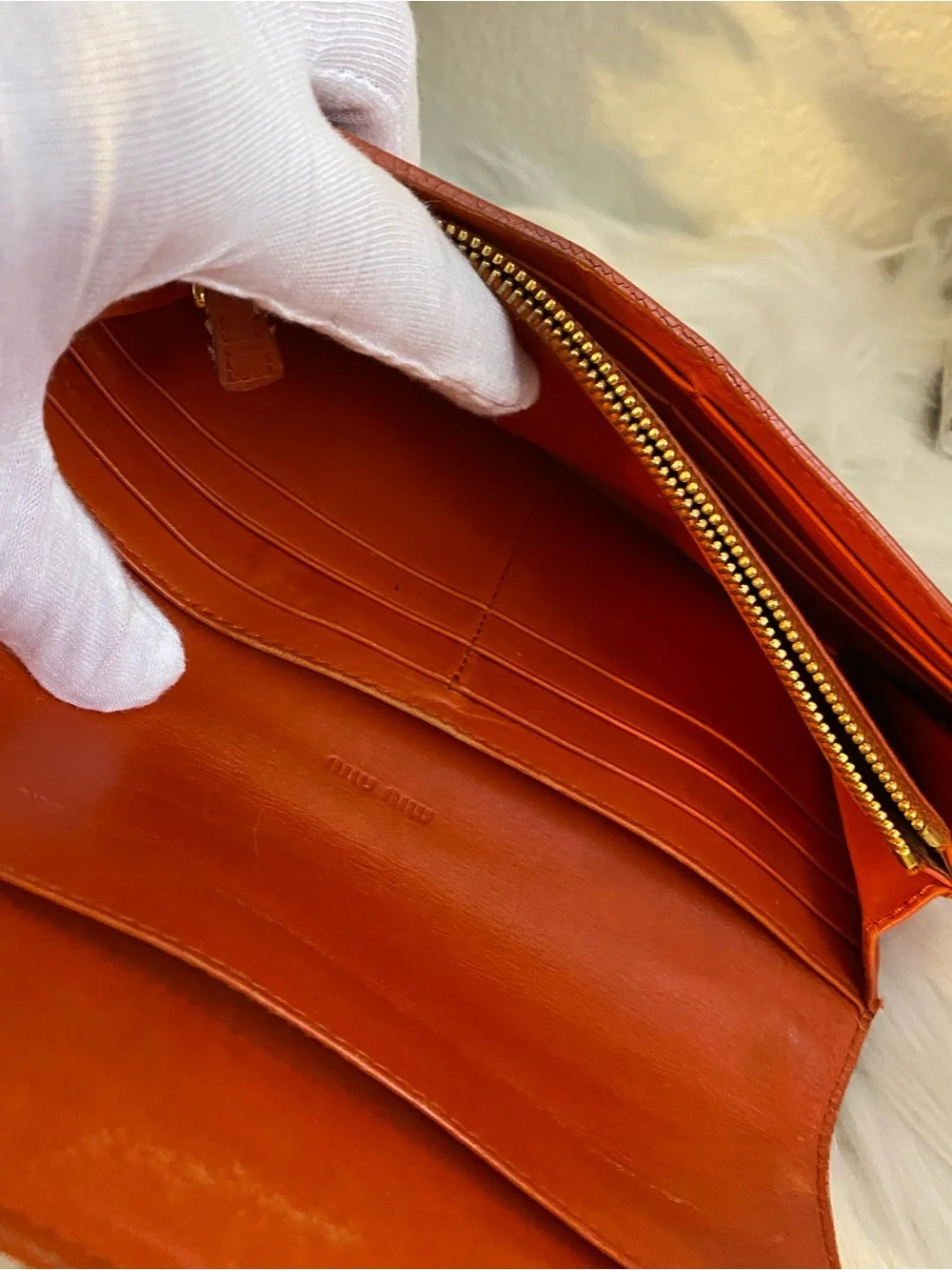 Miu Miu Patent Leather Bow Accent Long Wallet — Orange